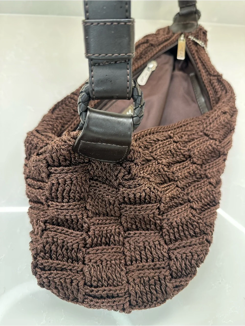 The Sak Vintage Brown Crochet Basketweave Hobo Shoulder Bag 6220 Good Condition